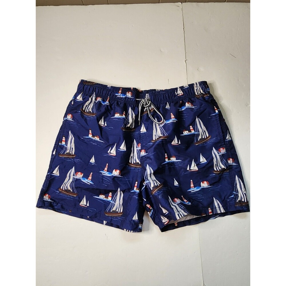 Bugatchi Max Sailboat And Lighthouse Print Swim Trunks Mens XL Blue